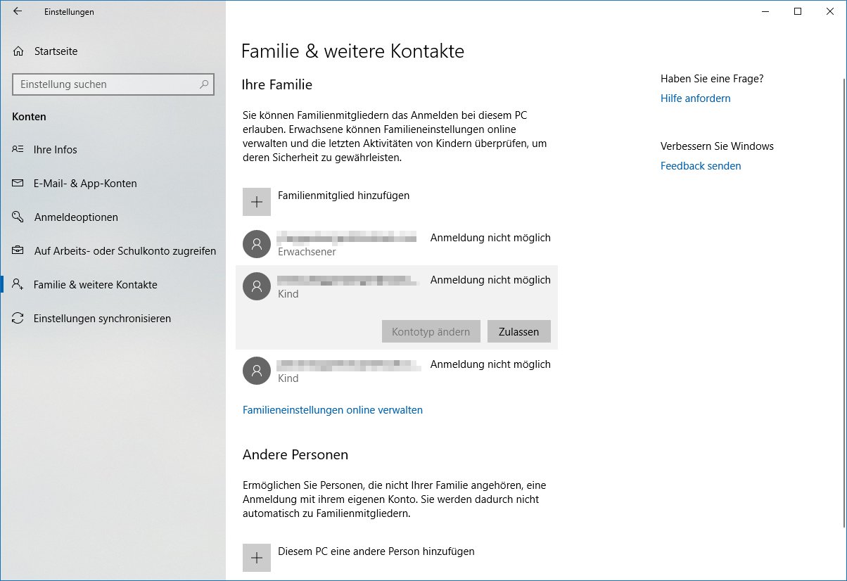 Familien und Kontakte Windows 10 Familien und Kontakte
